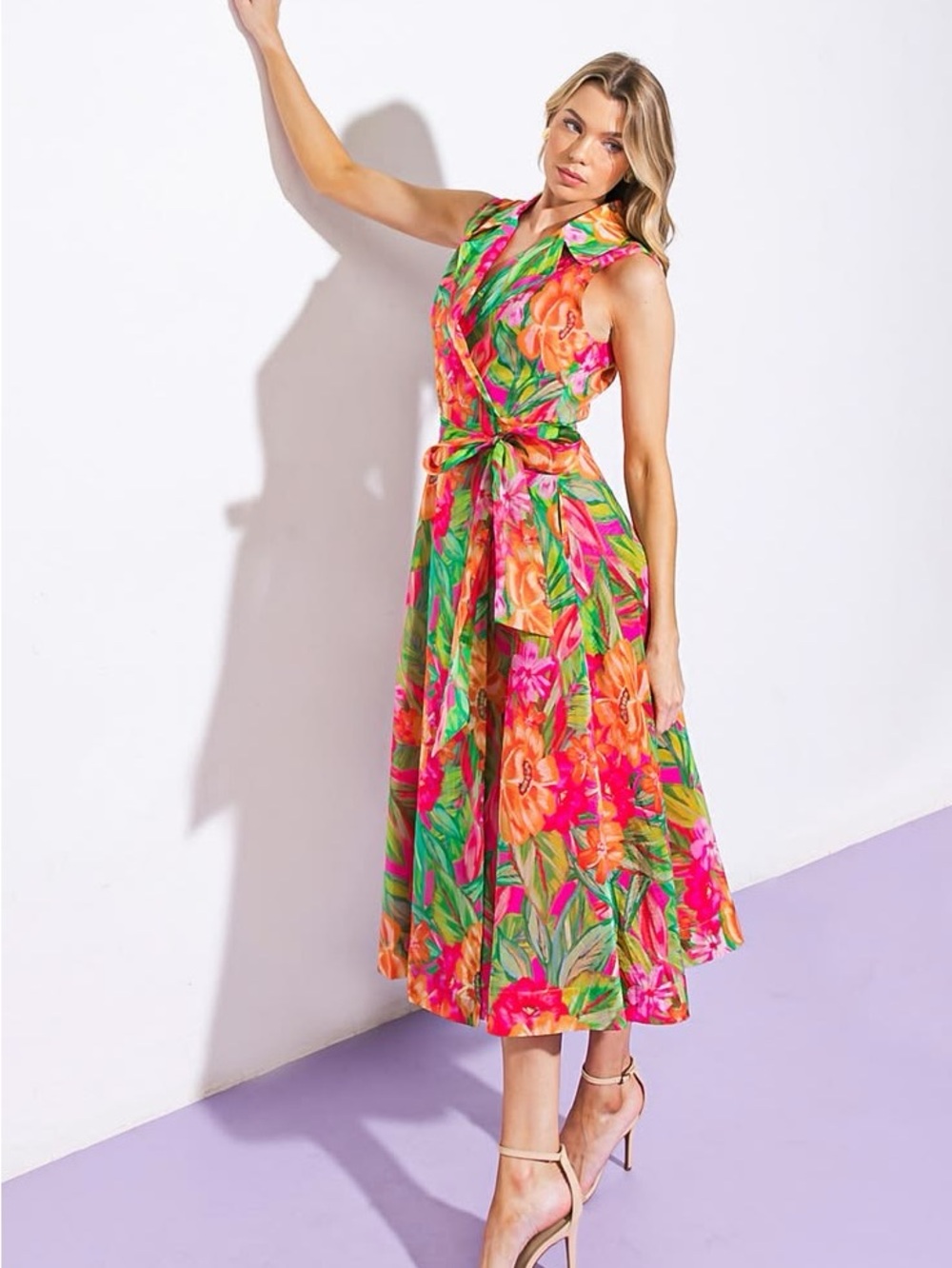 Flying Tomato Vibrant Floral Collared Tie-Waist Midi Dress - Pink & Green